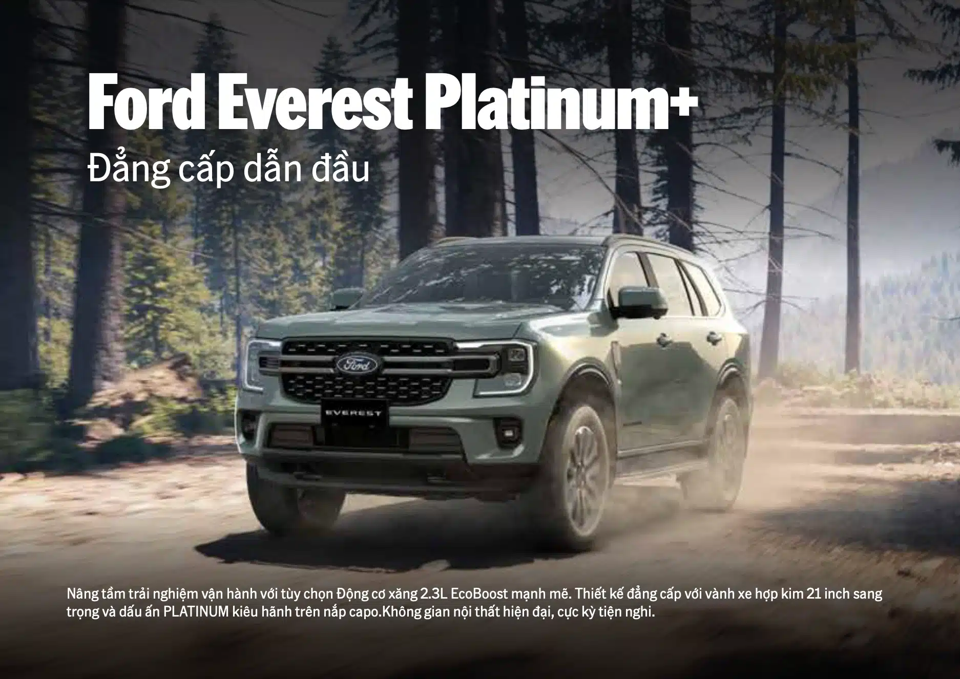 Banner xe Ford Everest Platinum kèm chữ Đẳng cấp dẫn đầu và thông số động cơ xăng 2.3L EcoBoost