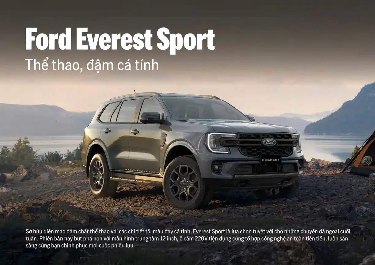 Banner xe Ford Everest Sport màu xám kèm chữ Thể thao đậm cá tính cạnh bờ hồ lúc hoàng hôn