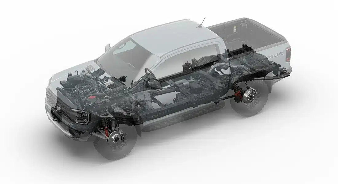 Sơ đồ kết cấu khung gầm mới gia cố và hệ thống treo điện tử Fox của Ford Ranger Raptor.