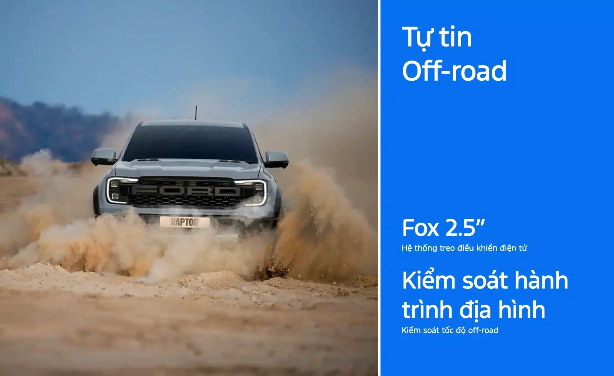 Xe Ford Ranger Raptor tự tin off-road trên cát bằng hệ thống treo điện tử Fox 2.5 inch.