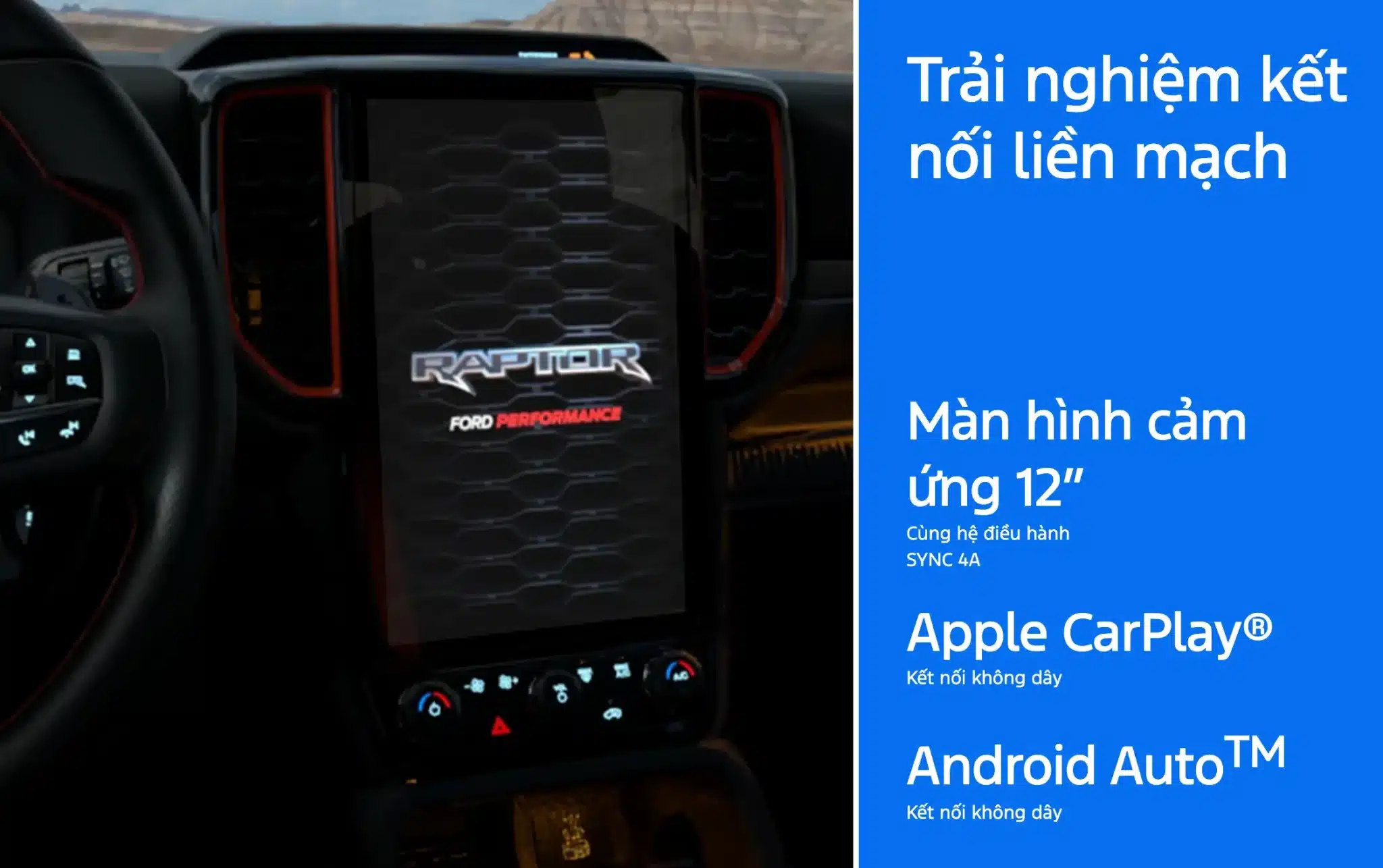 Màn hình cảm ứng trung tâm 12 inch kết nối Apple CarPlay và Android Auto không dây trên Ford Raptor.